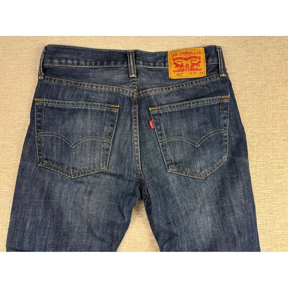 Levis 527 Bootcut Mens 31x34 Slim Jeans Grainy Dark Washed Denim Grungy Fade